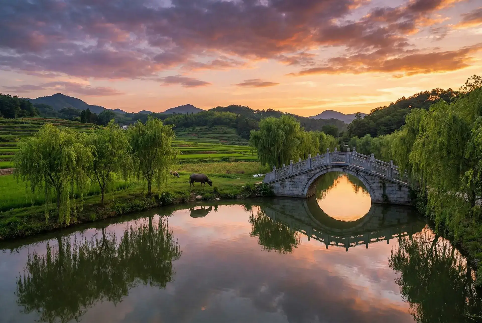 夕阳下的石拱桥与垂柳，水牛在河边吃草 - YW8831域名不定更换 请及时收藏 乡村美景